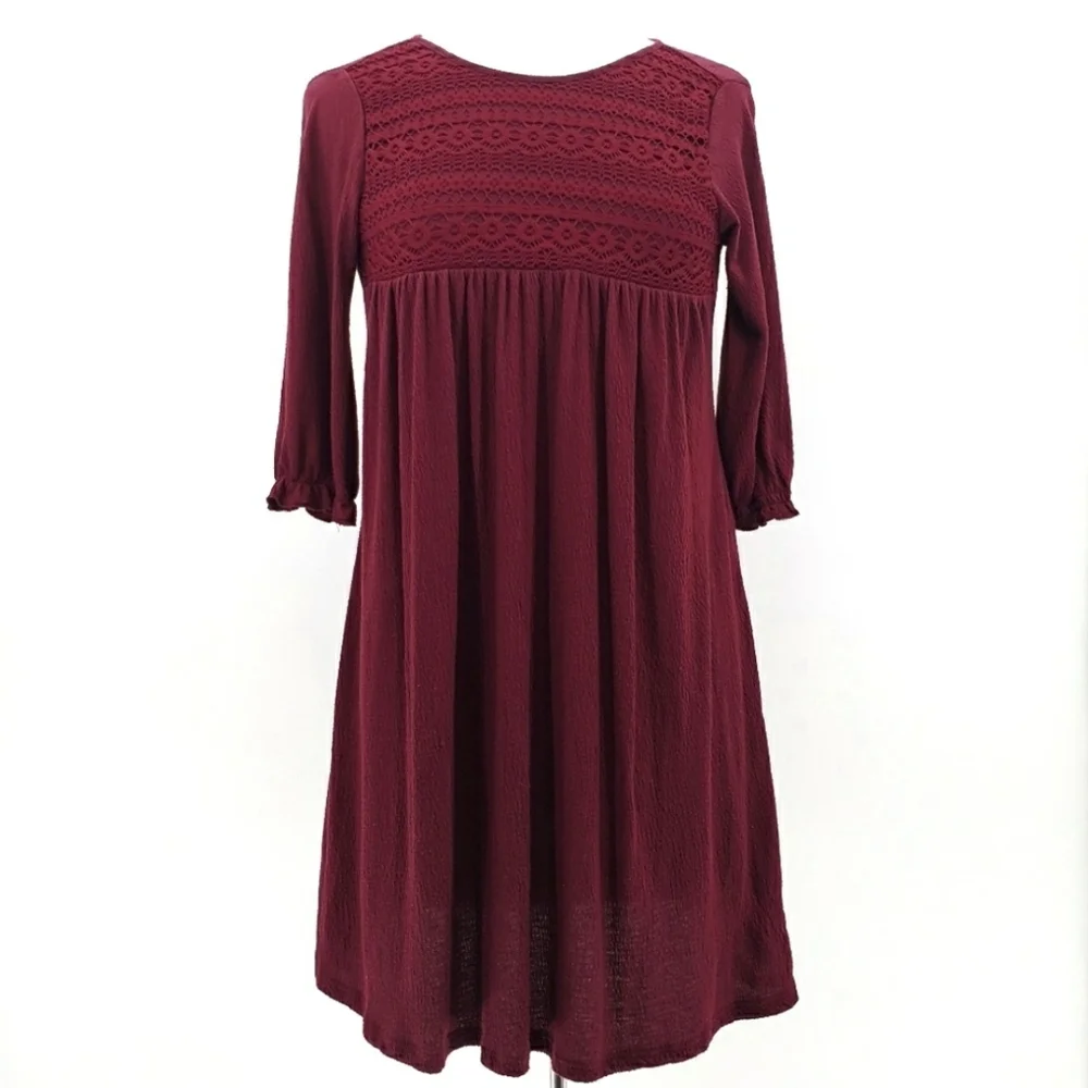 Old Navy Girls Tunic Dress Size Large Maroon 3/4 Sleeve‎ Embroidered Pleated